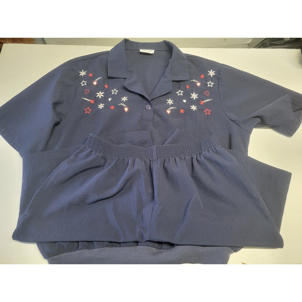 Vintage BonWorth Navy Blue Embroidered Star Heart 2 Piece Shorts Set Made in USA